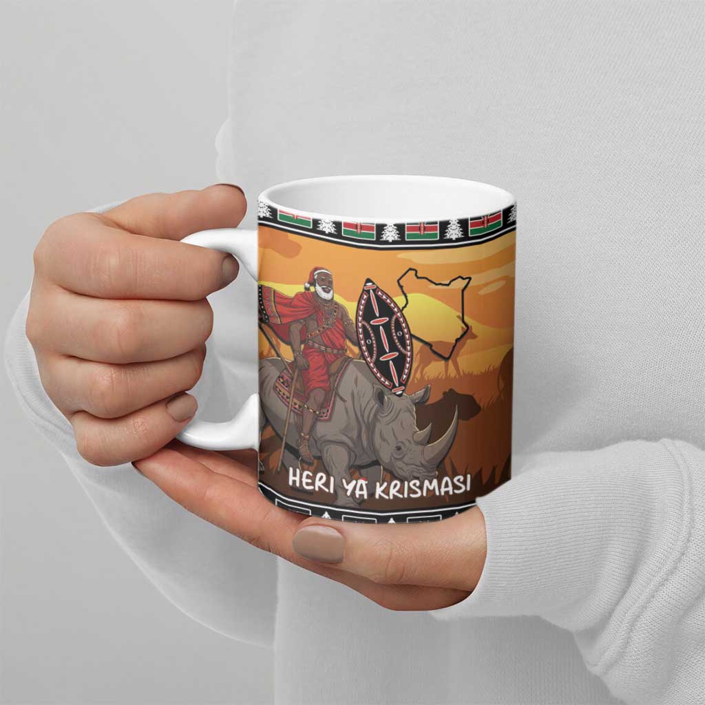 Kenya Safari Christmas Ceramic Mug Black Santa Riding Rhinoceros - Heri ya Krismasi - Wonder Print Shop