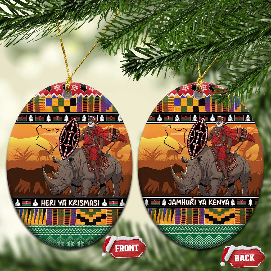 Kenya Safari Christmas Ceramic Ornament Black Santa Riding Rhinoceros - Heri ya Krismasi - Wonder Print Shop