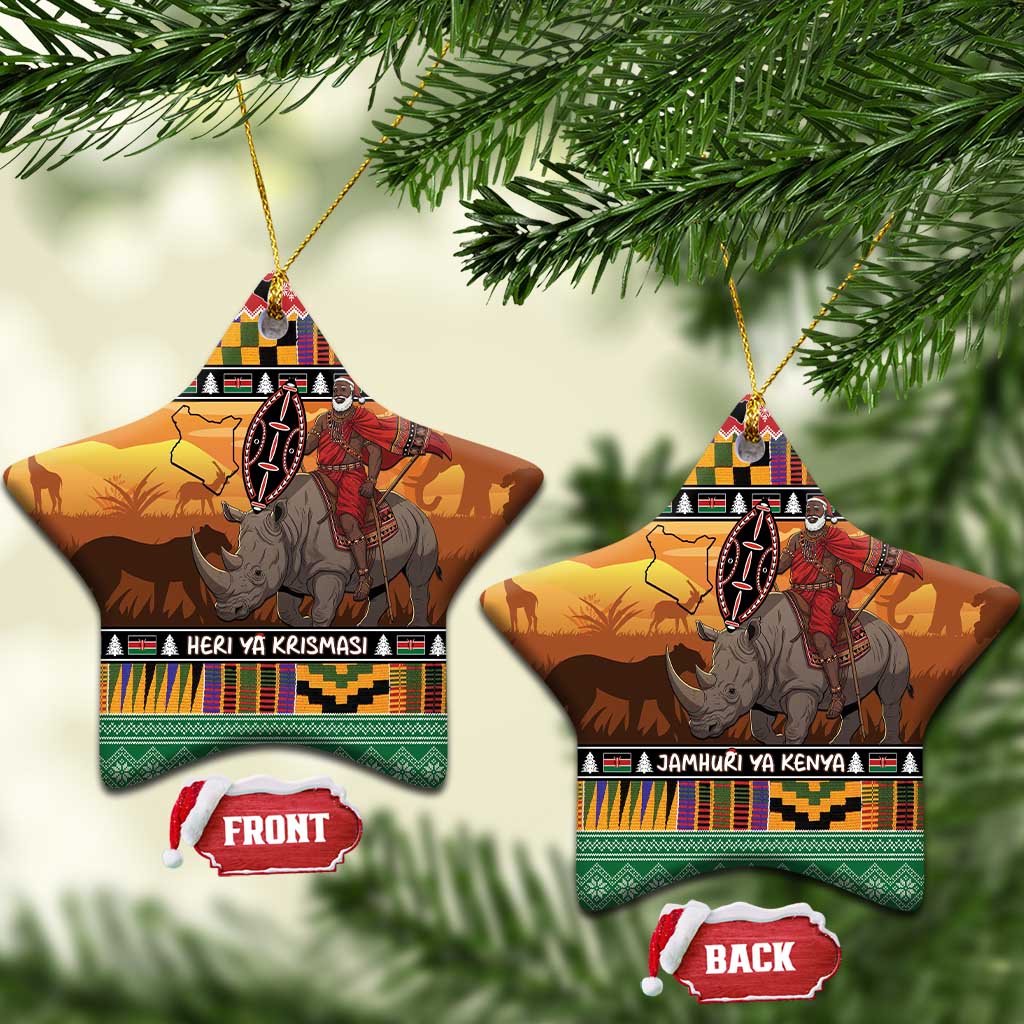 Kenya Safari Christmas Ceramic Ornament Black Santa Riding Rhinoceros - Heri ya Krismasi - Wonder Print Shop