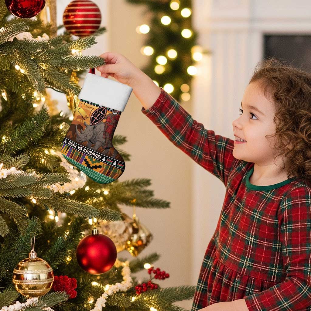 Kenya Safari Christmas Stocking Black Santa Riding Rhinoceros - Heri ya Krismasi - Wonder Print Shop