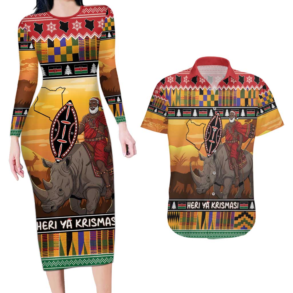 Kenya Safari Christmas Couples Matching Long Sleeve Bodycon Dress and Hawaiian Shirt Black Santa Riding Rhinoceros - Heri ya Krismasi - Wonder Print Shop