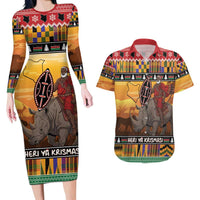 Kenya Safari Christmas Couples Matching Long Sleeve Bodycon Dress and Hawaiian Shirt Black Santa Riding Rhinoceros - Heri ya Krismasi - Wonder Print Shop