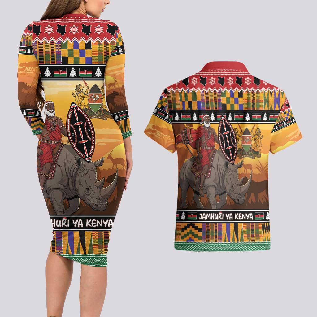 Kenya Safari Christmas Couples Matching Long Sleeve Bodycon Dress and Hawaiian Shirt Black Santa Riding Rhinoceros - Heri ya Krismasi - Wonder Print Shop