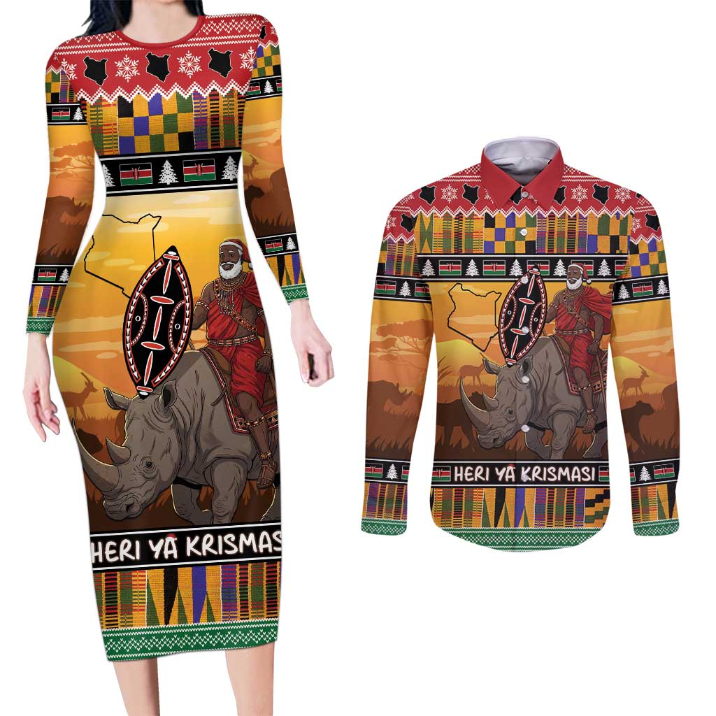 Kenya Safari Christmas Couples Matching Long Sleeve Bodycon Dress and Long Sleeve Button Shirt Black Santa Riding Rhinoceros - Heri ya Krismasi - Wonder Print Shop
