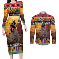 Kenya Safari Christmas Couples Matching Long Sleeve Bodycon Dress and Long Sleeve Button Shirt Black Santa Riding Rhinoceros - Heri ya Krismasi - Wonder Print Shop