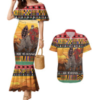 Kenya Safari Christmas Couples Matching Mermaid Dress and Hawaiian Shirt Black Santa Riding Rhinoceros - Heri ya Krismasi - Wonder Print Shop