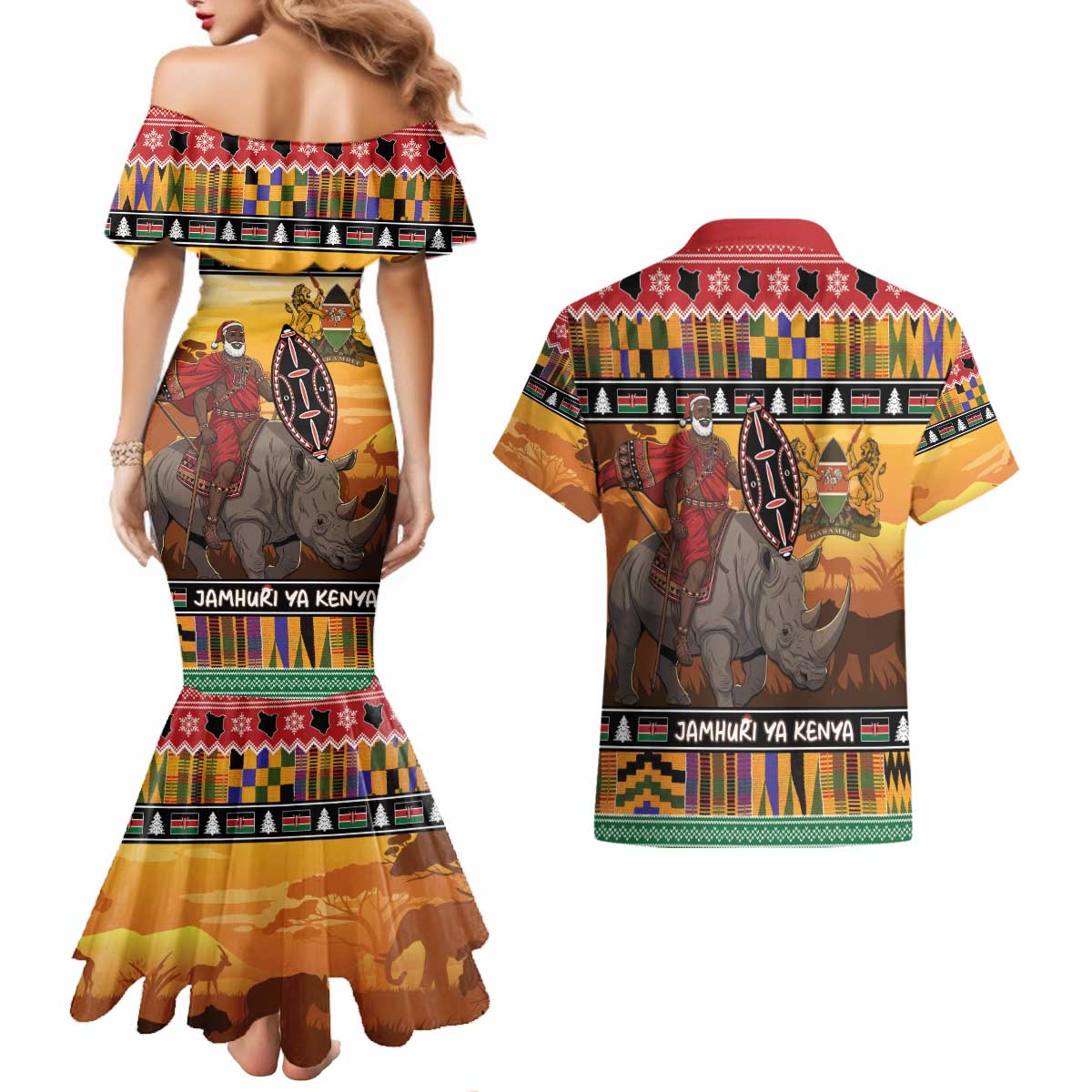 Kenya Safari Christmas Couples Matching Mermaid Dress and Hawaiian Shirt Black Santa Riding Rhinoceros - Heri ya Krismasi - Wonder Print Shop