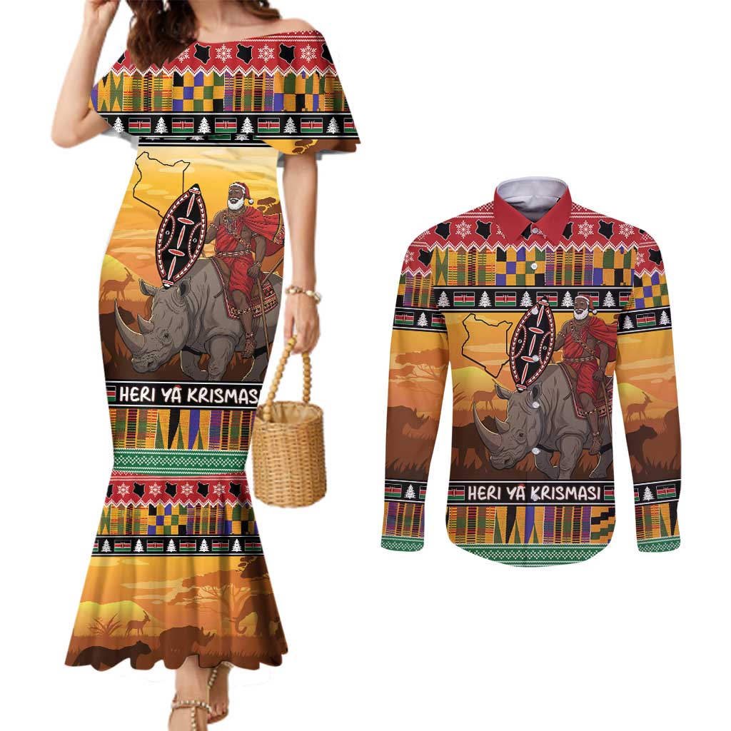 Kenya Safari Christmas Couples Matching Mermaid Dress and Long Sleeve Button Shirt Black Santa Riding Rhinoceros - Heri ya Krismasi - Wonder Print Shop