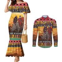 Kenya Safari Christmas Couples Matching Mermaid Dress and Long Sleeve Button Shirt Black Santa Riding Rhinoceros - Heri ya Krismasi - Wonder Print Shop