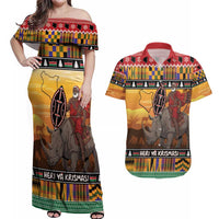 Kenya Safari Christmas Couples Matching Off Shoulder Maxi Dress and Hawaiian Shirt Black Santa Riding Rhinoceros - Heri ya Krismasi - Wonder Print Shop