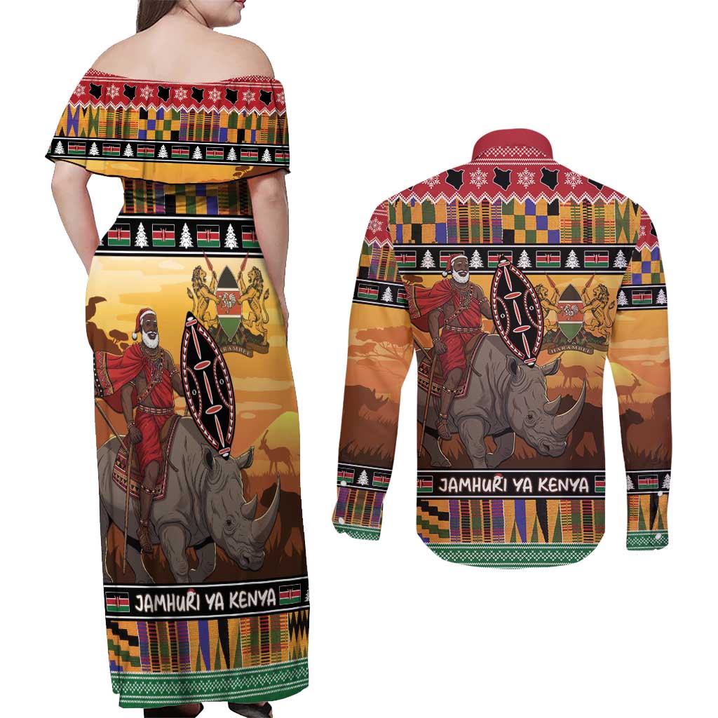 Kenya Safari Christmas Couples Matching Off Shoulder Maxi Dress and Long Sleeve Button Shirt Black Santa Riding Rhinoceros - Heri ya Krismasi - Wonder Print Shop