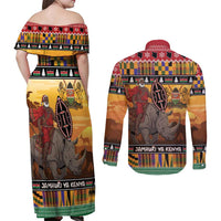 Kenya Safari Christmas Couples Matching Off Shoulder Maxi Dress and Long Sleeve Button Shirt Black Santa Riding Rhinoceros - Heri ya Krismasi - Wonder Print Shop