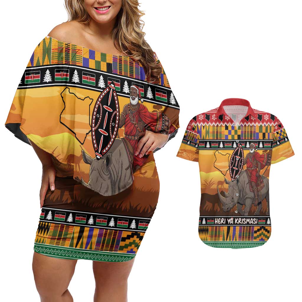 Kenya Safari Christmas Couples Matching Off Shoulder Short Dress and Hawaiian Shirt Black Santa Riding Rhinoceros - Heri ya Krismasi - Wonder Print Shop