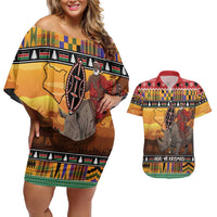 Kenya Safari Christmas Couples Matching Off Shoulder Short Dress and Hawaiian Shirt Black Santa Riding Rhinoceros - Heri ya Krismasi - Wonder Print Shop