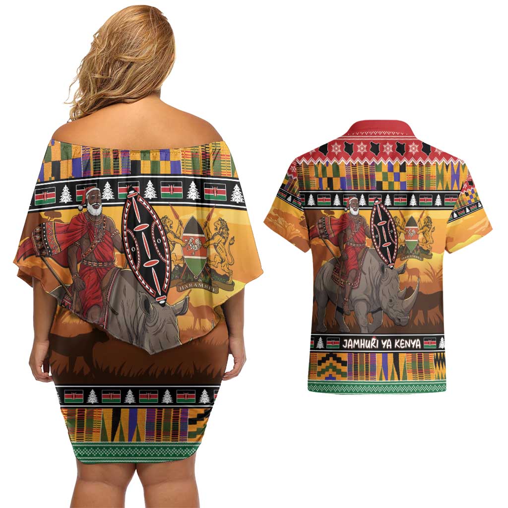 Kenya Safari Christmas Couples Matching Off Shoulder Short Dress and Hawaiian Shirt Black Santa Riding Rhinoceros - Heri ya Krismasi - Wonder Print Shop