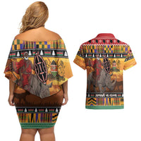 Kenya Safari Christmas Couples Matching Off Shoulder Short Dress and Hawaiian Shirt Black Santa Riding Rhinoceros - Heri ya Krismasi - Wonder Print Shop