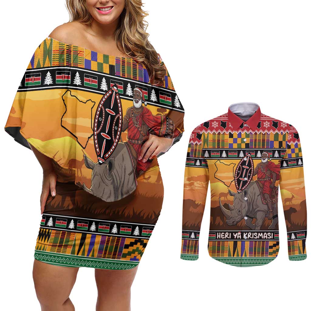 Kenya Safari Christmas Couples Matching Off Shoulder Short Dress and Long Sleeve Button Shirt Black Santa Riding Rhinoceros - Heri ya Krismasi - Wonder Print Shop