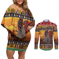 Kenya Safari Christmas Couples Matching Off Shoulder Short Dress and Long Sleeve Button Shirt Black Santa Riding Rhinoceros - Heri ya Krismasi - Wonder Print Shop
