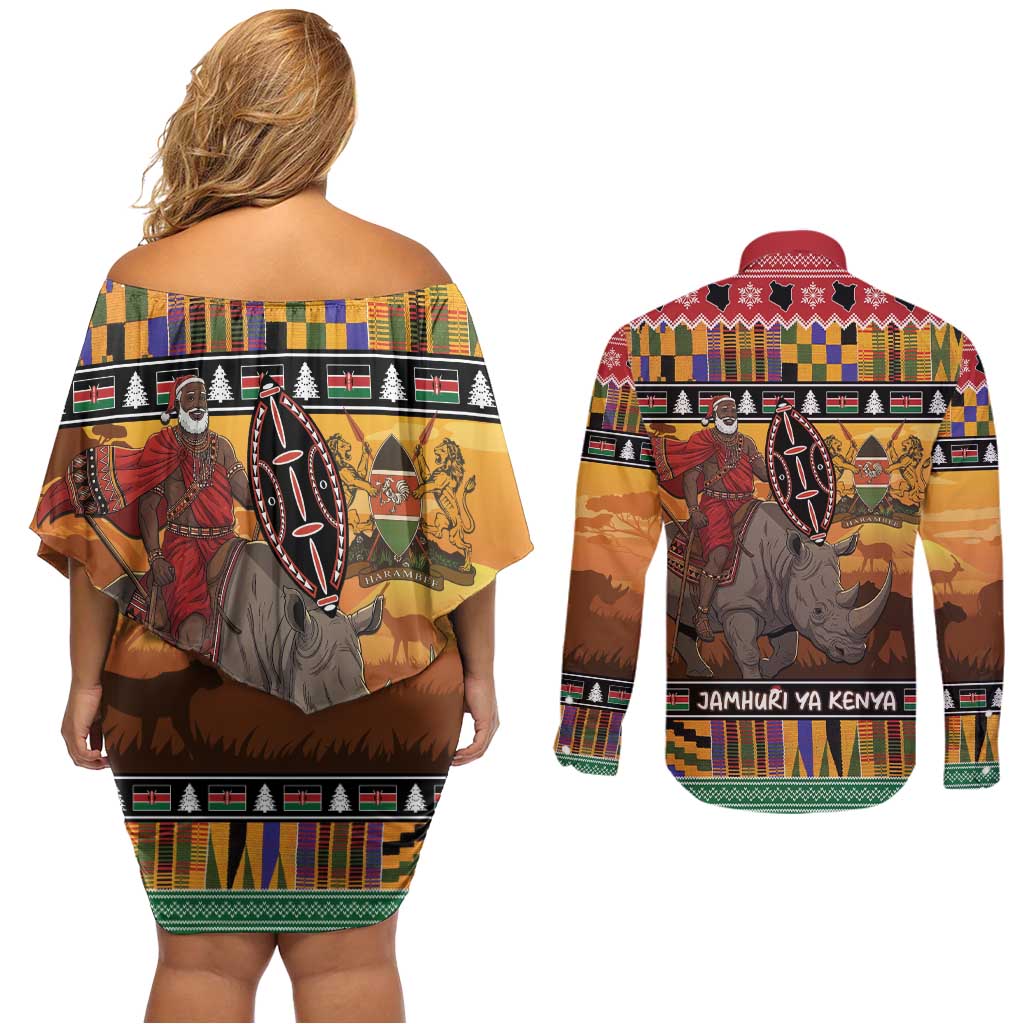 Kenya Safari Christmas Couples Matching Off Shoulder Short Dress and Long Sleeve Button Shirt Black Santa Riding Rhinoceros - Heri ya Krismasi - Wonder Print Shop