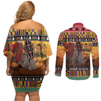 Kenya Safari Christmas Couples Matching Off Shoulder Short Dress and Long Sleeve Button Shirt Black Santa Riding Rhinoceros - Heri ya Krismasi - Wonder Print Shop