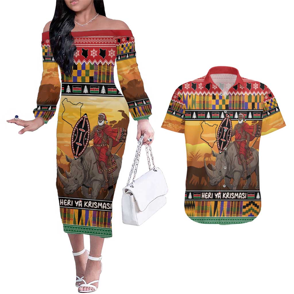 Kenya Safari Christmas Couples Matching Off The Shoulder Long Sleeve Dress and Hawaiian Shirt Black Santa Riding Rhinoceros - Heri ya Krismasi - Wonder Print Shop