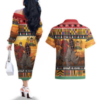 Kenya Safari Christmas Couples Matching Off The Shoulder Long Sleeve Dress and Hawaiian Shirt Black Santa Riding Rhinoceros - Heri ya Krismasi - Wonder Print Shop