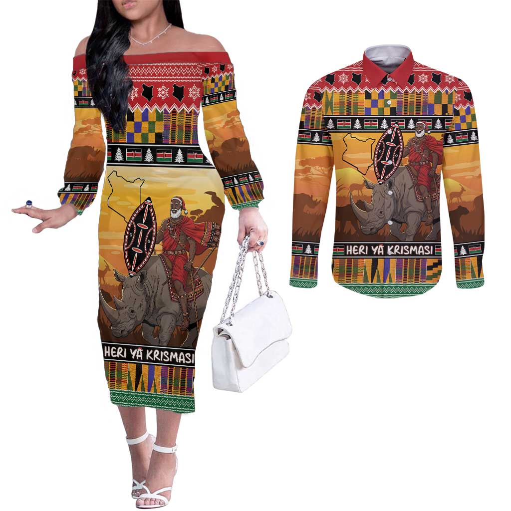 Kenya Safari Christmas Couples Matching Off The Shoulder Long Sleeve Dress and Long Sleeve Button Shirt Black Santa Riding Rhinoceros - Heri ya Krismasi - Wonder Print Shop