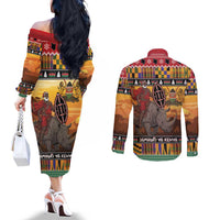Kenya Safari Christmas Couples Matching Off The Shoulder Long Sleeve Dress and Long Sleeve Button Shirt Black Santa Riding Rhinoceros - Heri ya Krismasi - Wonder Print Shop