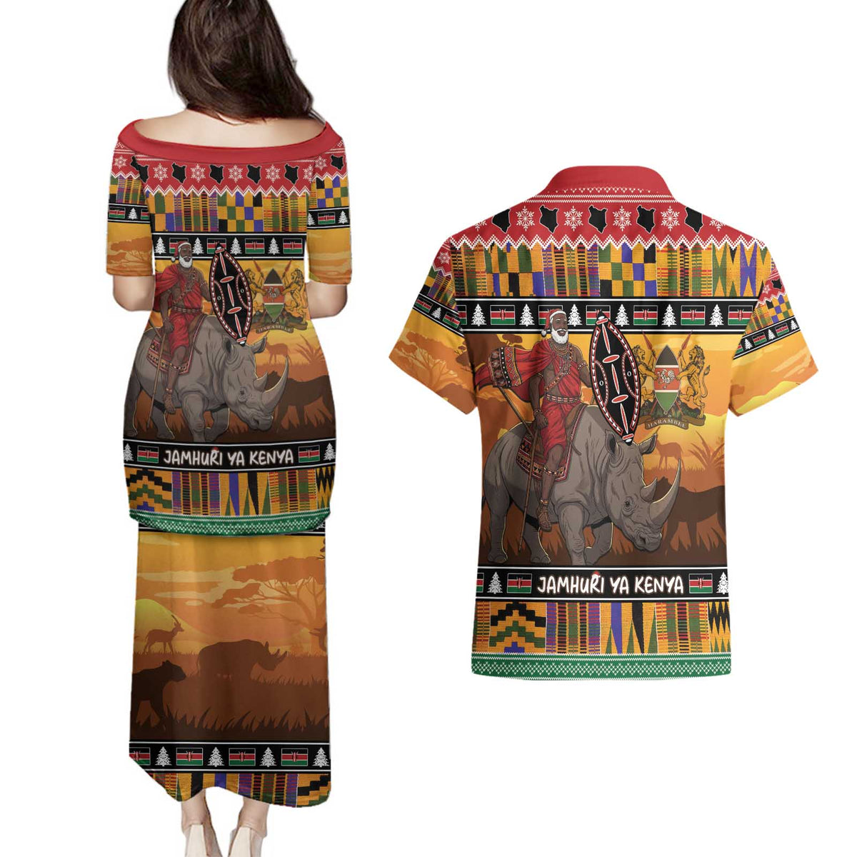 Kenya Safari Christmas Couples Matching Puletasi and Hawaiian Shirt Black Santa Riding Rhinoceros - Heri ya Krismasi - Wonder Print Shop