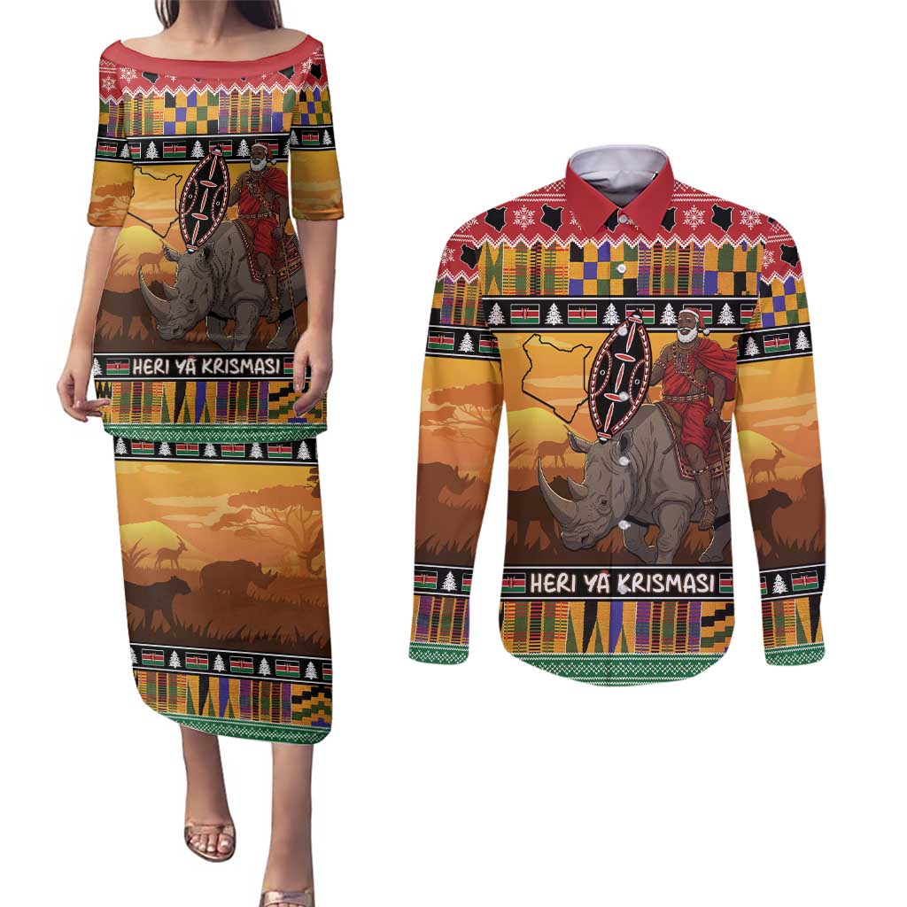 Kenya Safari Christmas Couples Matching Puletasi and Long Sleeve Button Shirt Black Santa Riding Rhinoceros - Heri ya Krismasi - Wonder Print Shop