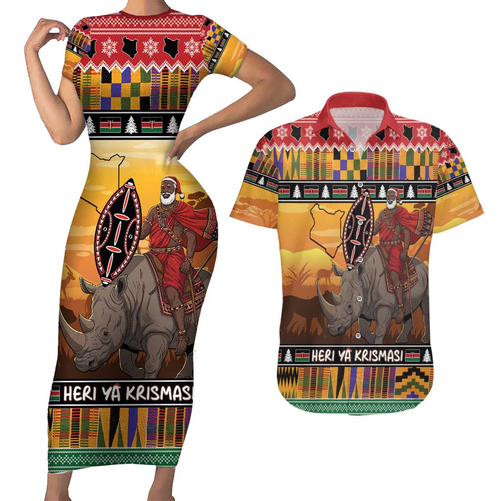 Kenya Safari Christmas Couples Matching Short Sleeve Bodycon Dress and Hawaiian Shirt Black Santa Riding Rhinoceros - Heri ya Krismasi - Wonder Print Shop