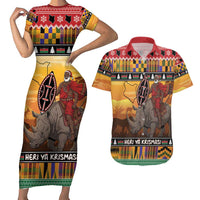 Kenya Safari Christmas Couples Matching Short Sleeve Bodycon Dress and Hawaiian Shirt Black Santa Riding Rhinoceros - Heri ya Krismasi - Wonder Print Shop