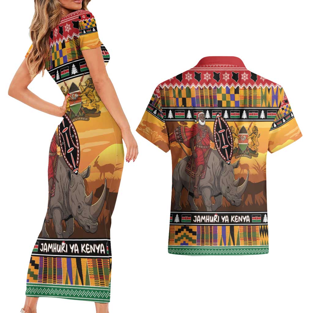 Kenya Safari Christmas Couples Matching Short Sleeve Bodycon Dress and Hawaiian Shirt Black Santa Riding Rhinoceros - Heri ya Krismasi - Wonder Print Shop