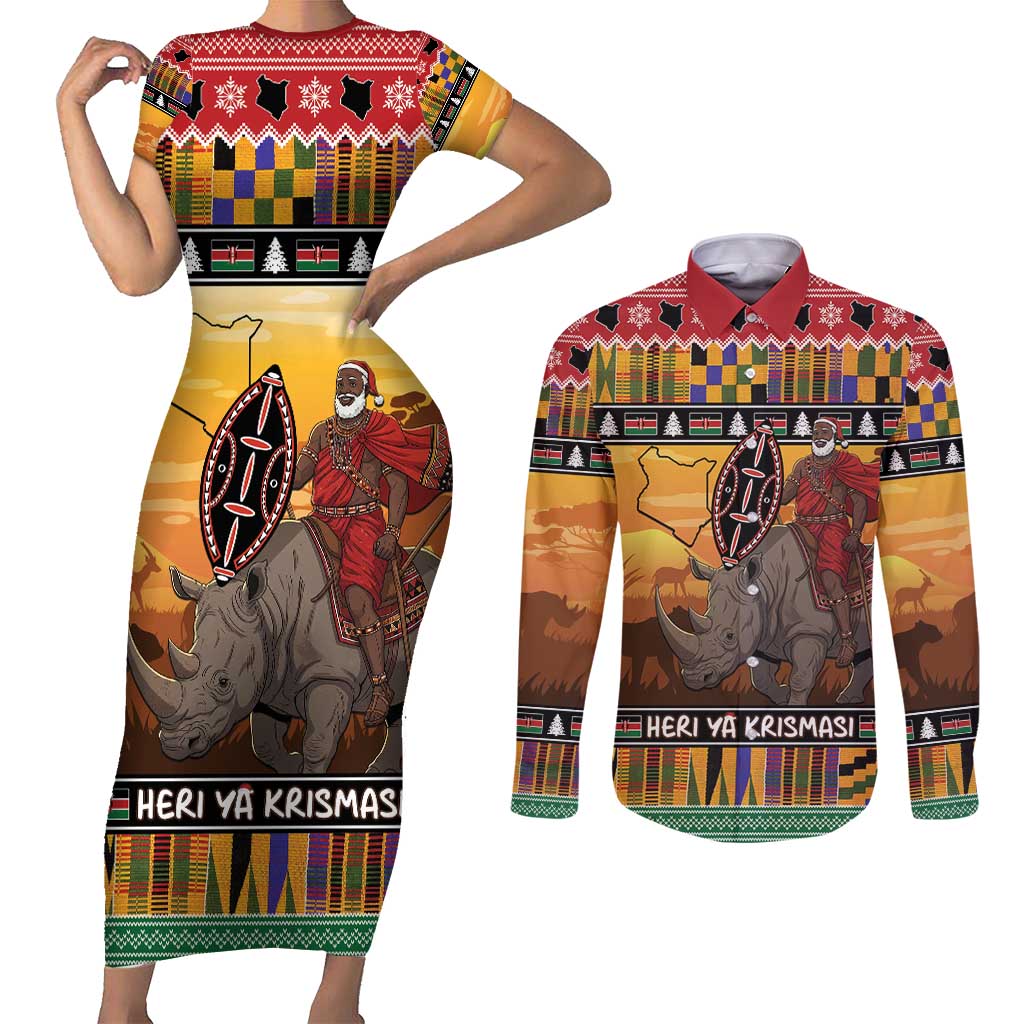Kenya Safari Christmas Couples Matching Short Sleeve Bodycon Dress and Long Sleeve Button Shirt Black Santa Riding Rhinoceros - Heri ya Krismasi - Wonder Print Shop