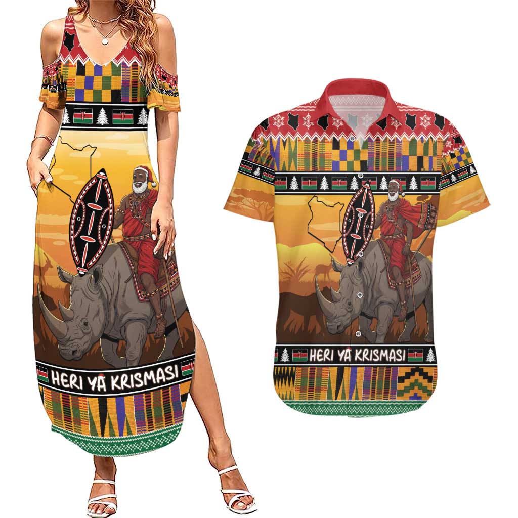Kenya Safari Christmas Couples Matching Summer Maxi Dress and Hawaiian Shirt Black Santa Riding Rhinoceros - Heri ya Krismasi - Wonder Print Shop