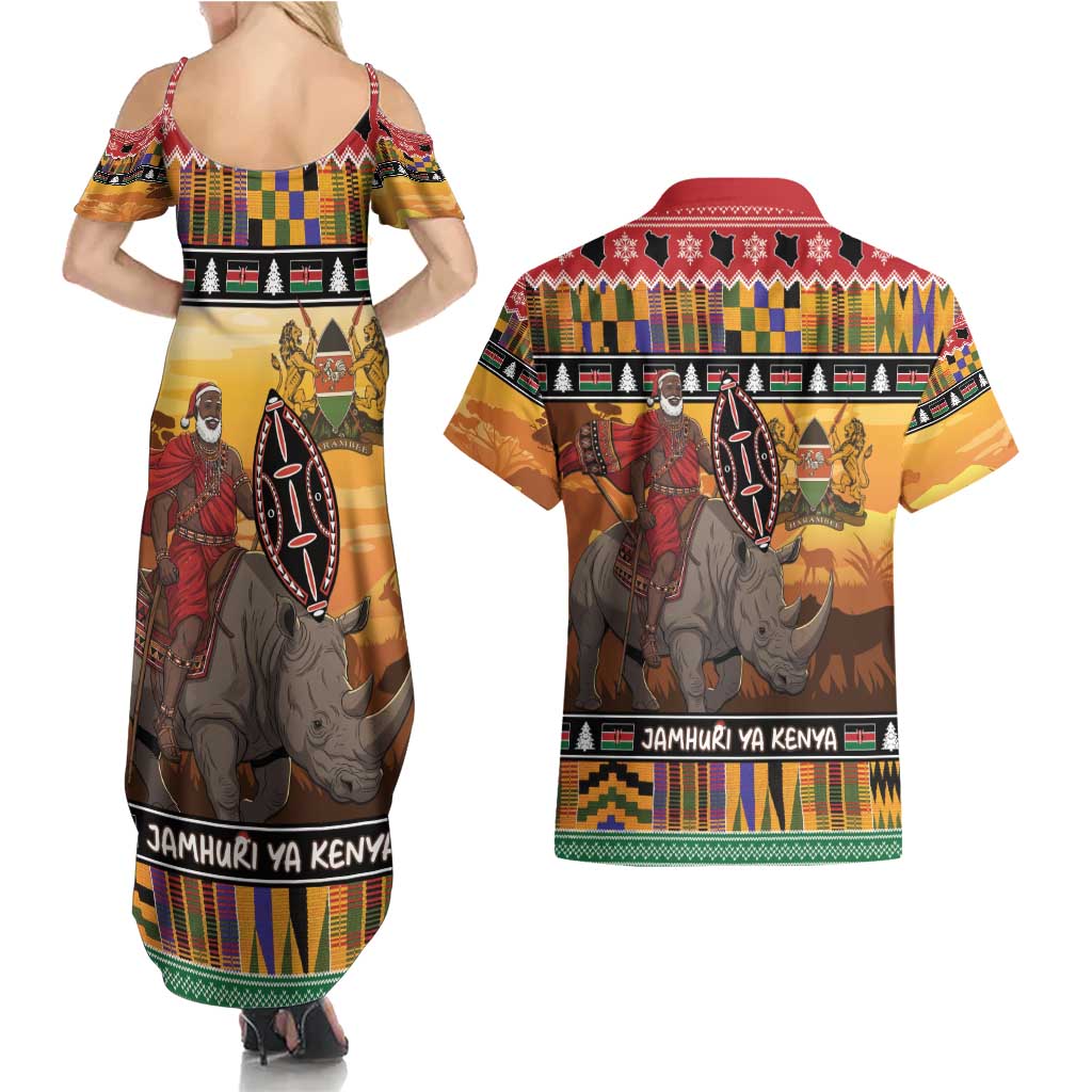 Kenya Safari Christmas Couples Matching Summer Maxi Dress and Hawaiian Shirt Black Santa Riding Rhinoceros - Heri ya Krismasi - Wonder Print Shop