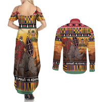 Kenya Safari Christmas Couples Matching Summer Maxi Dress and Long Sleeve Button Shirt Black Santa Riding Rhinoceros - Heri ya Krismasi - Wonder Print Shop