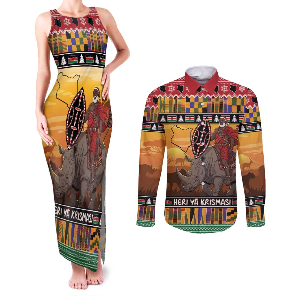Kenya Safari Christmas Couples Matching Tank Maxi Dress and Long Sleeve Button Shirt Black Santa Riding Rhinoceros - Heri ya Krismasi - Wonder Print Shop