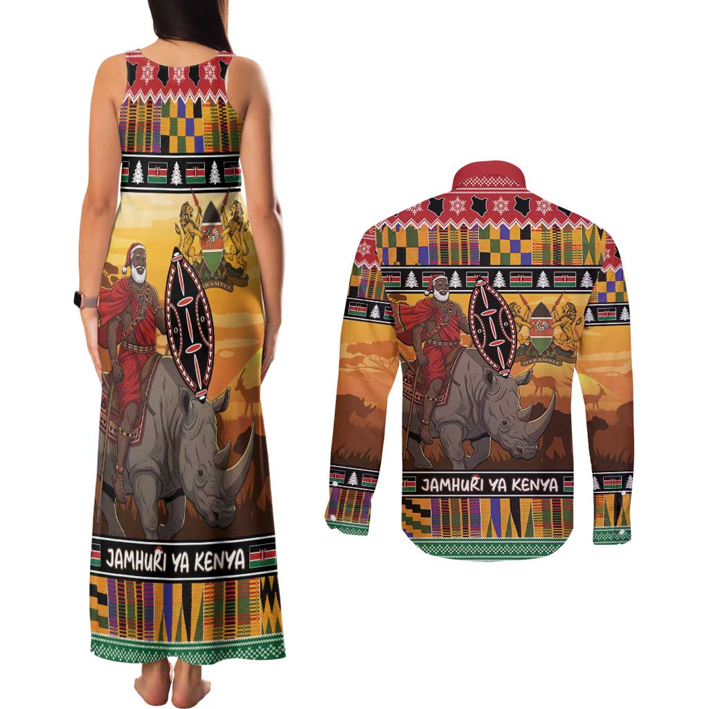 Kenya Safari Christmas Couples Matching Tank Maxi Dress and Long Sleeve Button Shirt Black Santa Riding Rhinoceros - Heri ya Krismasi - Wonder Print Shop