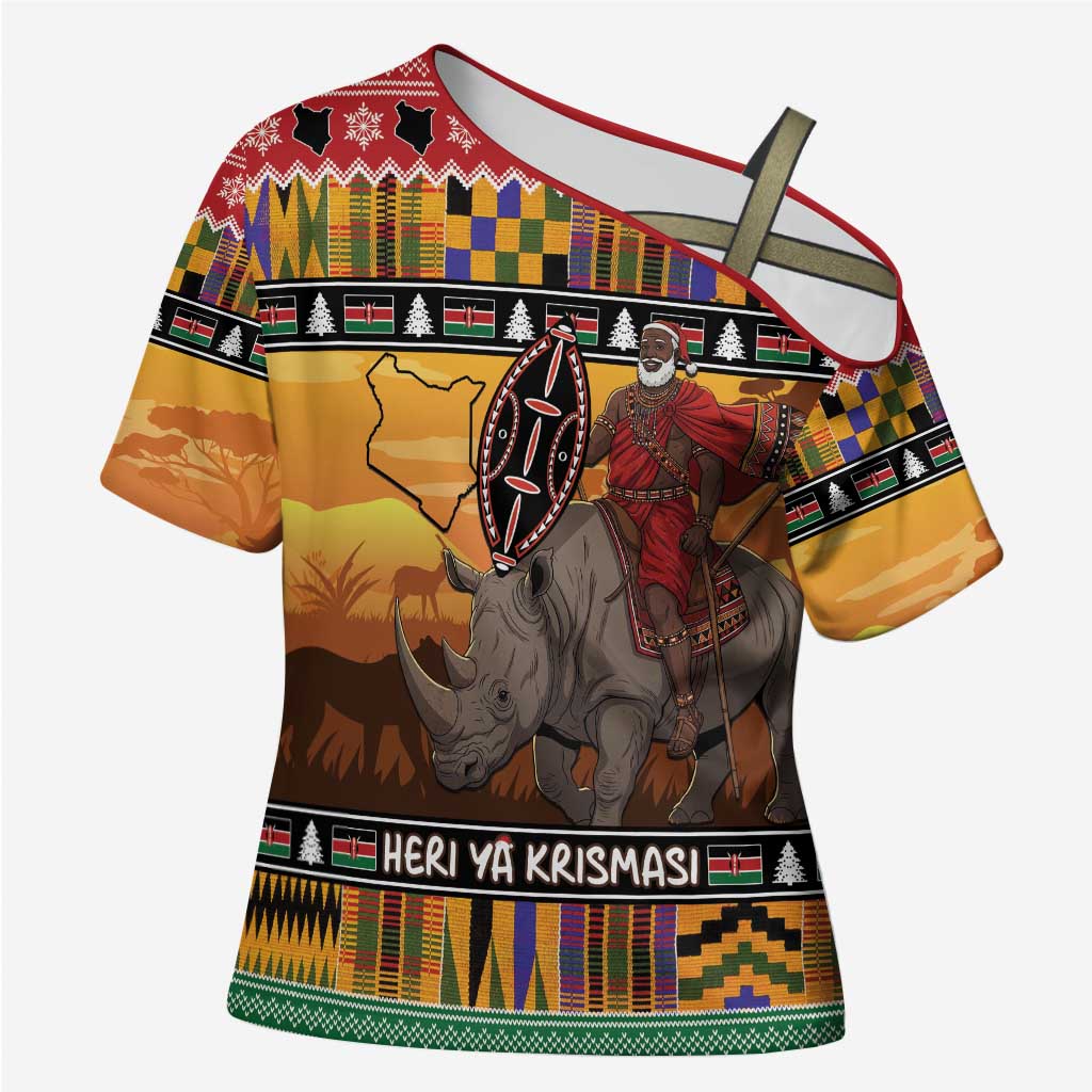 Kenya Safari Christmas Cross Shoulder Shirt Black Santa Riding Rhinoceros - Heri ya Krismasi - Wonder Print Shop
