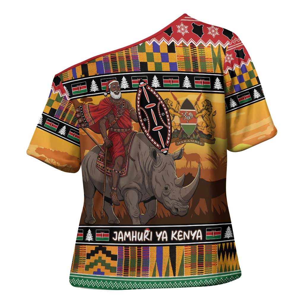 Kenya Safari Christmas Cross Shoulder Shirt Black Santa Riding Rhinoceros - Heri ya Krismasi - Wonder Print Shop