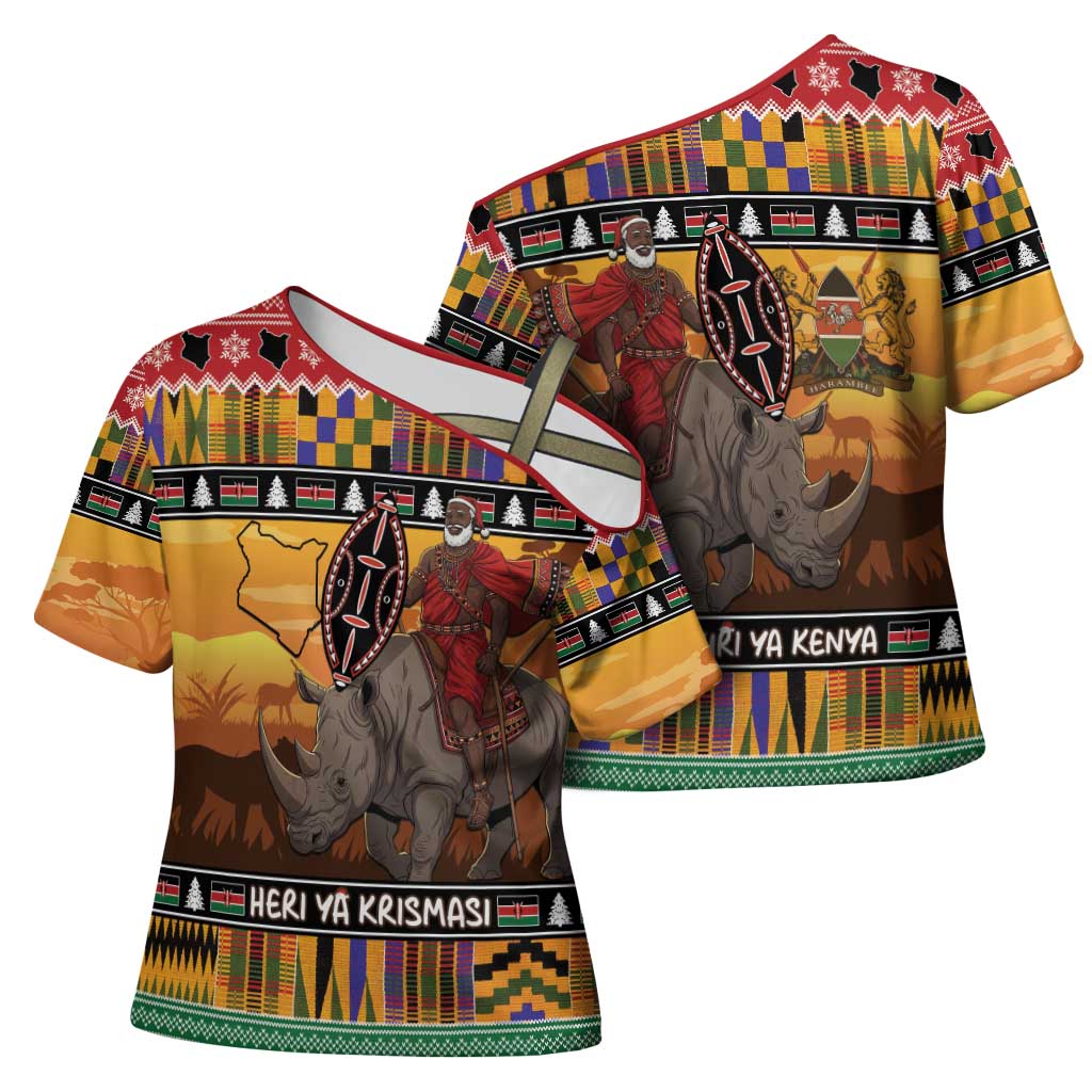 Kenya Safari Christmas Cross Shoulder Shirt Black Santa Riding Rhinoceros - Heri ya Krismasi - Wonder Print Shop