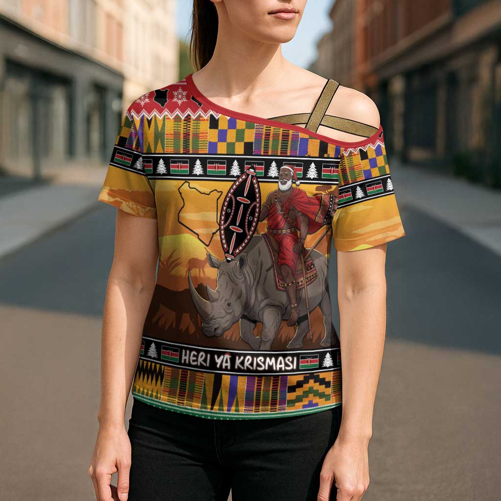 Kenya Safari Christmas Cross Shoulder Shirt Black Santa Riding Rhinoceros - Heri ya Krismasi - Wonder Print Shop