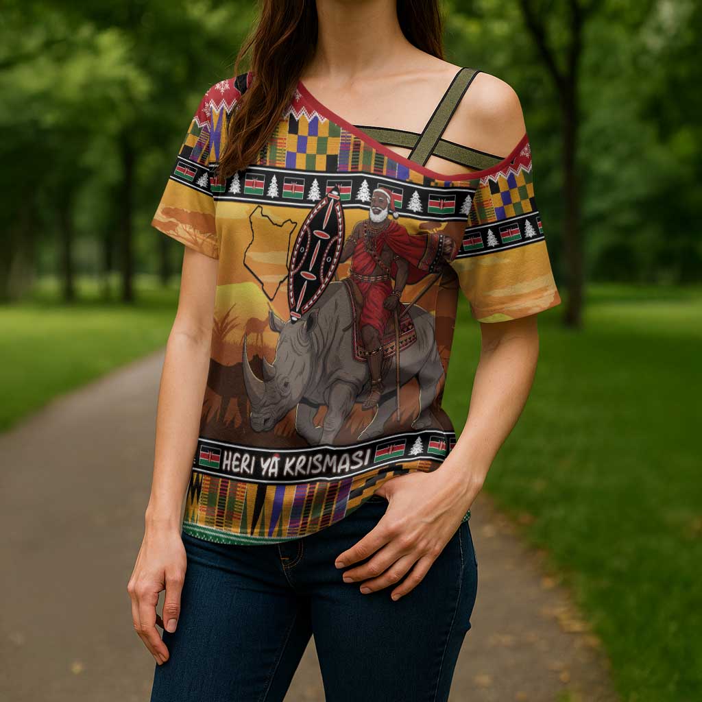 Kenya Safari Christmas Cross Shoulder Shirt Black Santa Riding Rhinoceros - Heri ya Krismasi - Wonder Print Shop