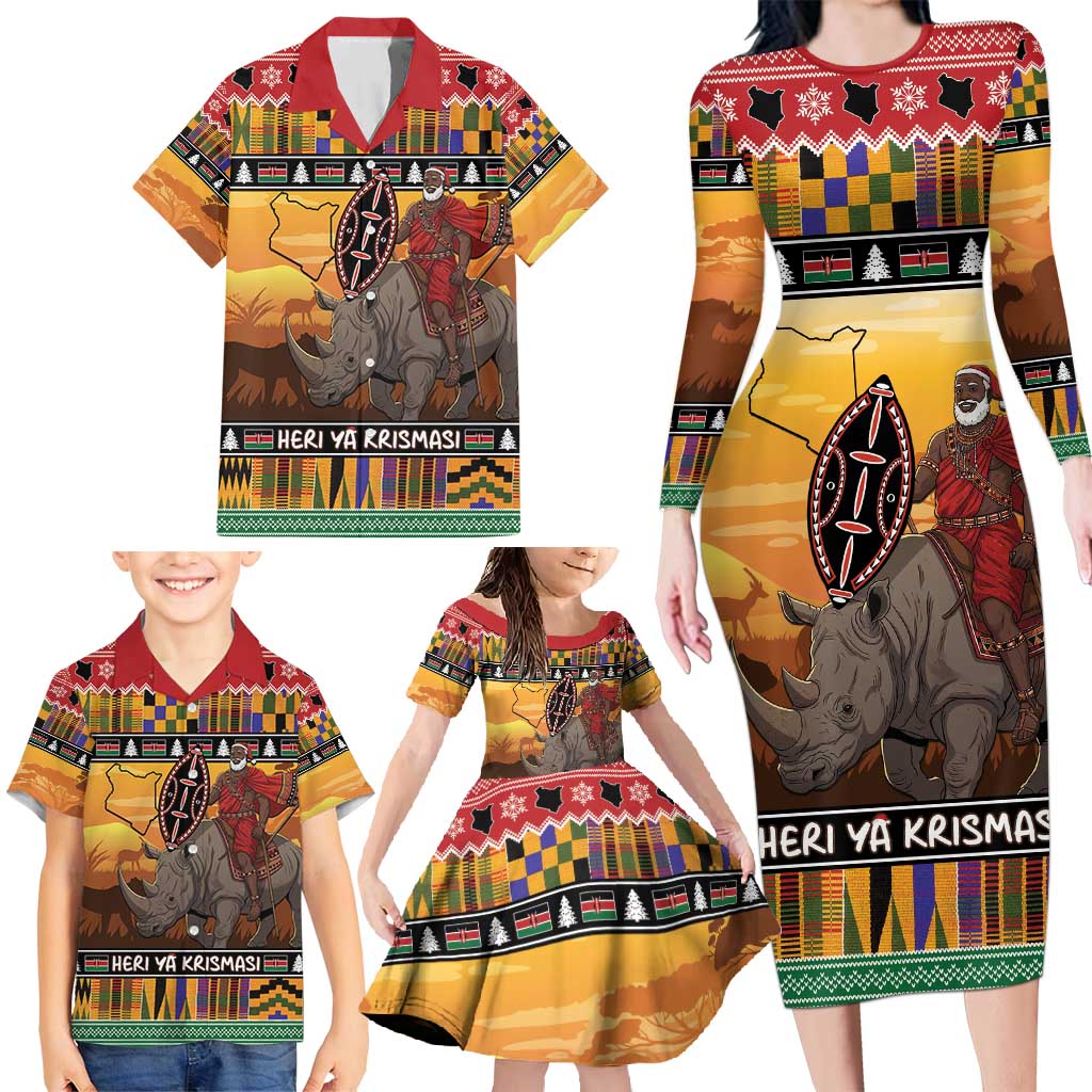 Kenya Safari Christmas Family Matching Long Sleeve Bodycon Dress and Hawaiian Shirt Black Santa Riding Rhinoceros - Heri ya Krismasi - Wonder Print Shop