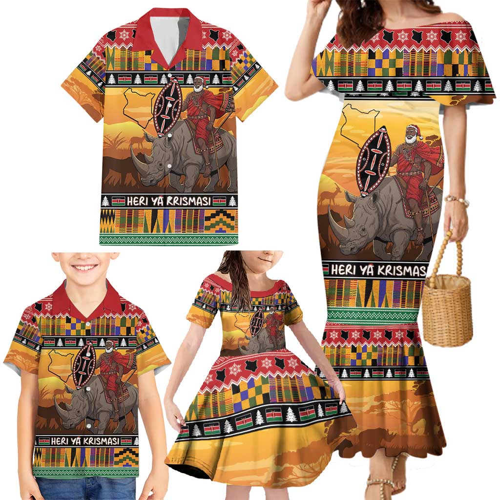 Kenya Safari Christmas Family Matching Mermaid Dress and Hawaiian Shirt Black Santa Riding Rhinoceros - Heri ya Krismasi - Wonder Print Shop
