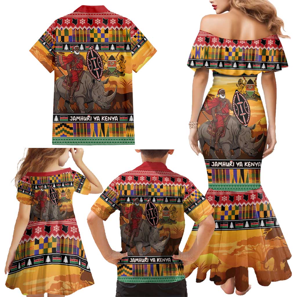 Kenya Safari Christmas Family Matching Mermaid Dress and Hawaiian Shirt Black Santa Riding Rhinoceros - Heri ya Krismasi - Wonder Print Shop