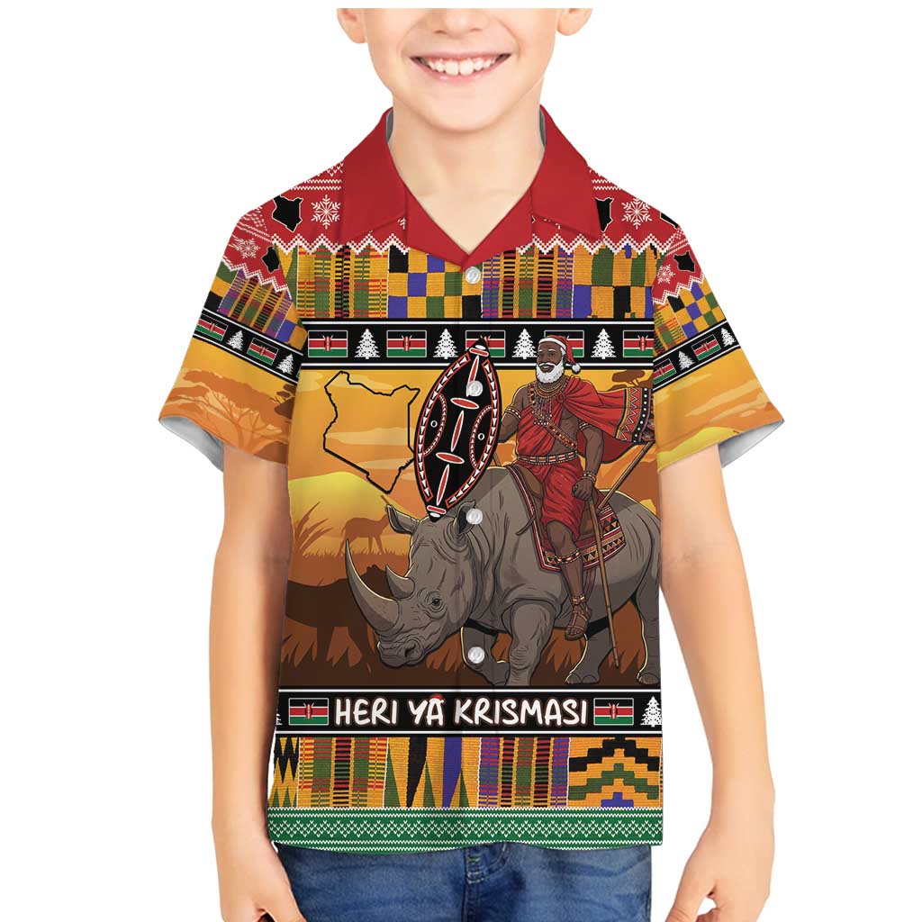 Kenya Safari Christmas Family Matching Mermaid Dress and Hawaiian Shirt Black Santa Riding Rhinoceros - Heri ya Krismasi - Wonder Print Shop