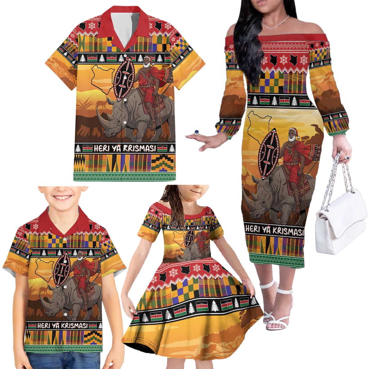 Kenya Safari Christmas Family Matching Off The Shoulder Long Sleeve Dress and Hawaiian Shirt Black Santa Riding Rhinoceros - Heri ya Krismasi - Wonder Print Shop