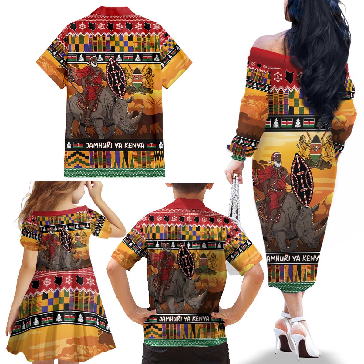 Kenya Safari Christmas Family Matching Off The Shoulder Long Sleeve Dress and Hawaiian Shirt Black Santa Riding Rhinoceros - Heri ya Krismasi - Wonder Print Shop